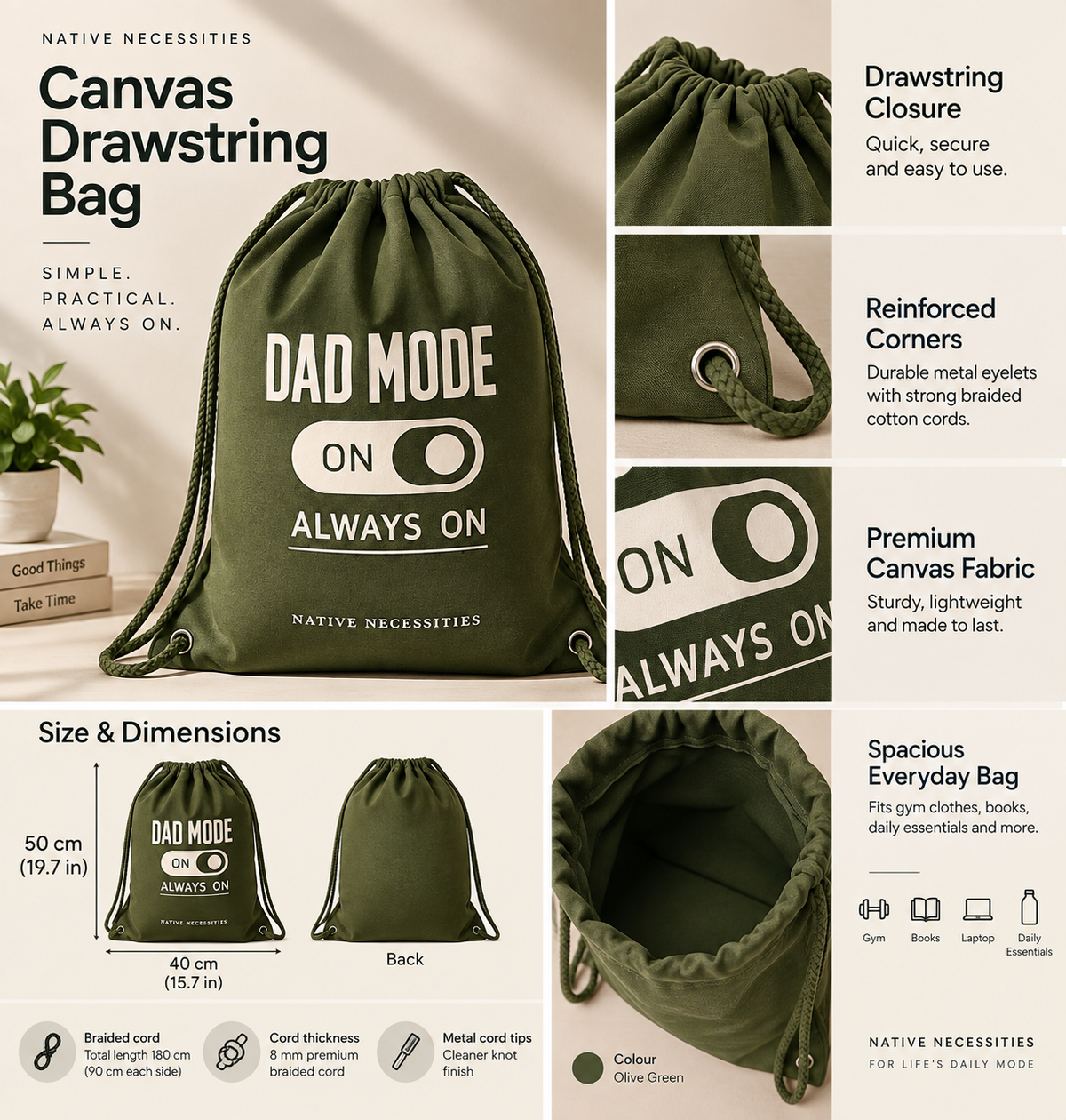 Dad Mode Always On Canvas Drawstring Bag.