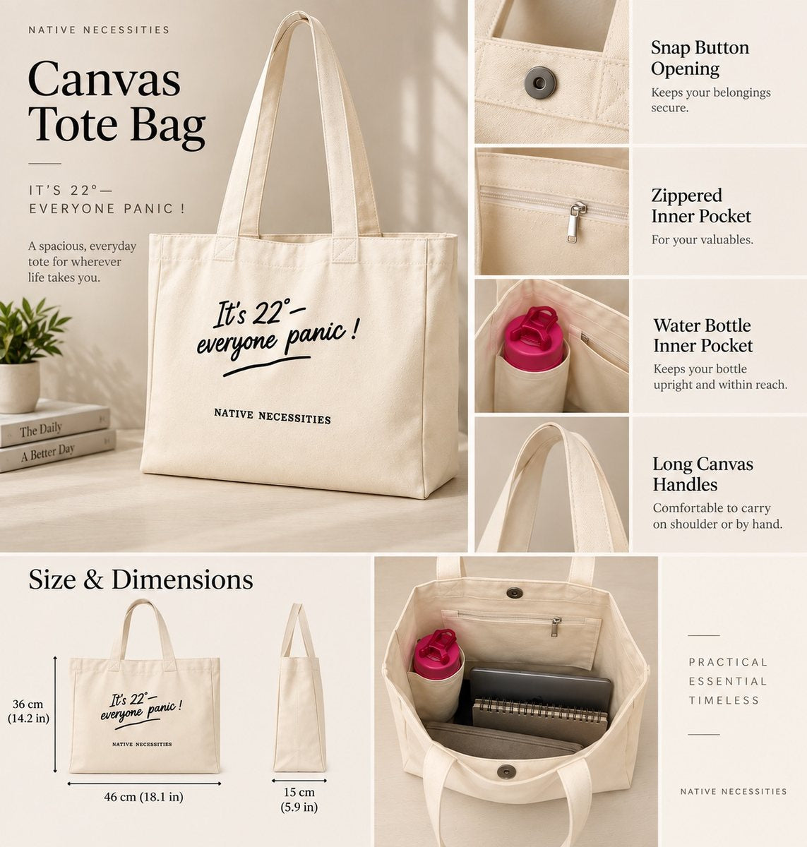 “It’s 22° — Everyone Panic! Canvas Tote Bag”
